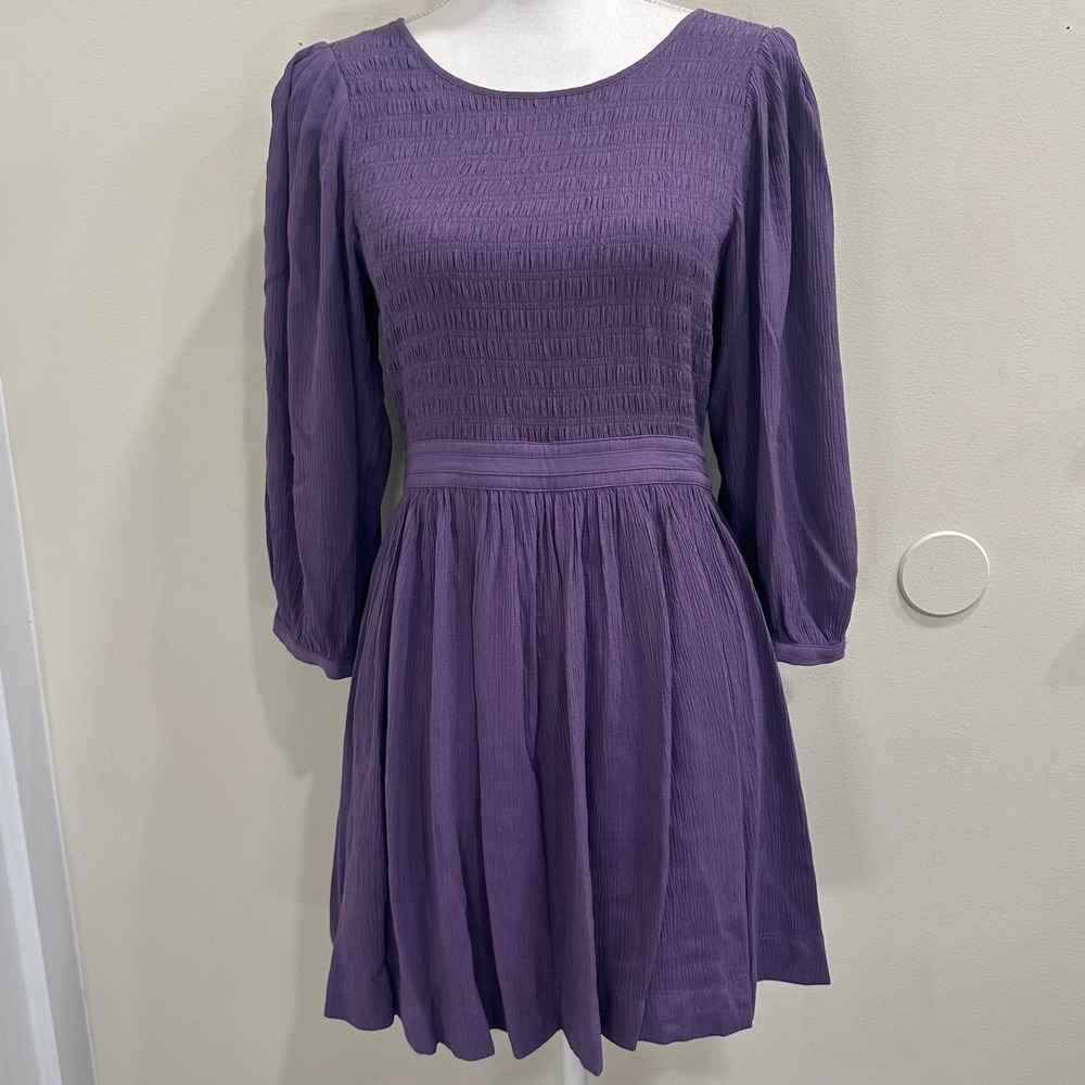 ba&sh NWT Neda Round Neck A-Line Smocked Minidress Violet Purple Sz 0 XS Cottage